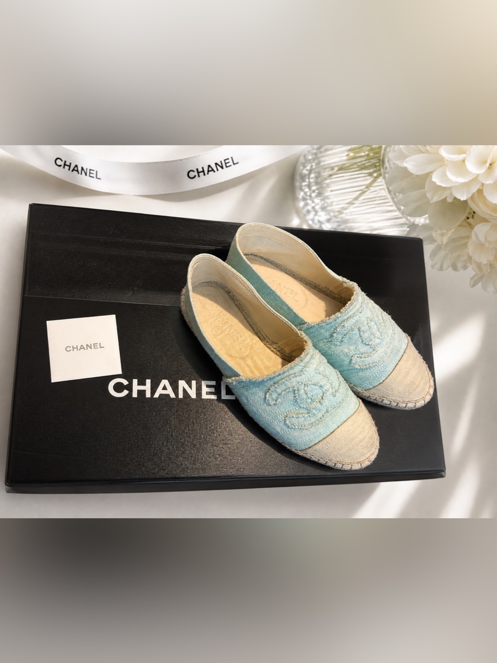 CHANEL Light Blue and Cream Espadrille Flats